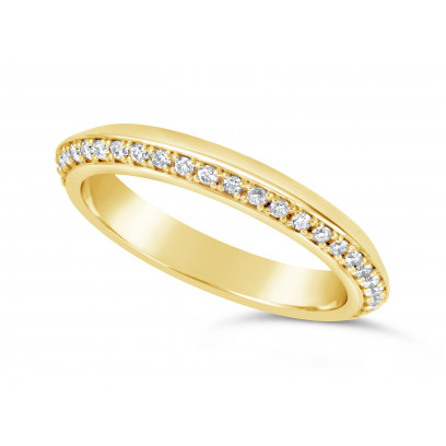 18ct Yellow Gold 3mm V Shaped Wedding Ring, Set With 33 Round Diamonds. Pave Set One Side 3/4 Of The Way Around The Ring, With A Mirror Finish On The opposite Side. Total Diamond Weight 0.33ct