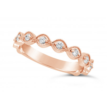 18ct Rose Gold Marquise Shape Ladies Diamond Set Wedding Band, Set With 11 Round Brilliant Cut Diamonds 3/4 Of The Way Around The Band, Total Diamond Weight 0.22ct, 3.2mm Wide