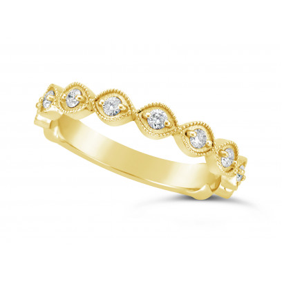 18ct Yellow Gold Marquise Shape Ladies Diamond Set Wedding Band, Set With 11 Round Brilliant Cut Diamonds 3/4 Of The Way Around The Band, Total Diamond Weight 0.22ct, 3.2mm Wide