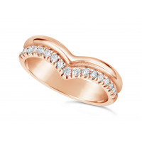 18ct Rose Gold 2 Row Wishbone Shaped Wedding Band To Sit Around A Solitaire Engagement Ring, With One Plain Band & One Pave Set Diamond Band. Width Of Band 4.2mm, Set With 17 Round Diamonds. Total Diamond Weight 0.34ct