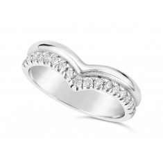 18ct White Gold 2 Row Wishbone Shaped Wedding Band To Sit Around A Solitaire Engagement Ring, With One Plain Band & One Pave Set Diamond Band. Width Of Band 4.2mm, Set With 17 Round Diamonds. Total Diamond Weight 0.34ct
