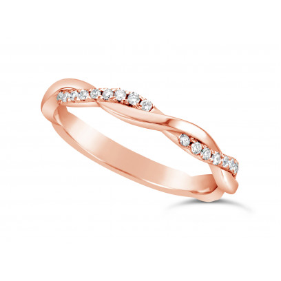 18ct Rose Gold Ladies 2.5mm Woven Wedding Band Set With 26 Round Diamonds Set 3/4 Of The Way Around The Band. Total Diamond Weight 0.26ct