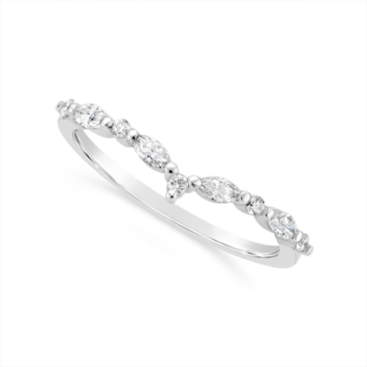 18ct White Gold Shaped Wedding Band Set With Marquise & Round Diamonds, Total Diamond Weight 0.24ct