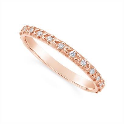 18ct Rose Gold Diamond  Wedding Band, With Engrave Leaf Design, Set With 15 Round Diamonds, Total Diamond Weight 0.11ct
