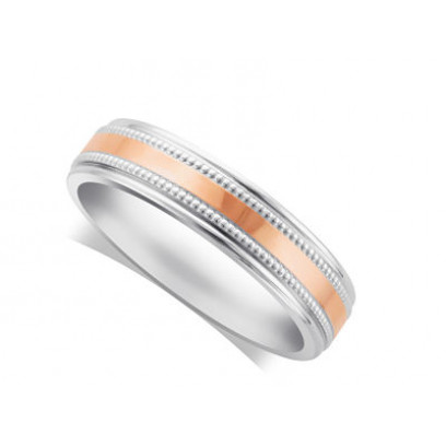 18ct White Gold Gents 5mm Wedding Ring, With A 3mm18ct Rose Gold Centre Band