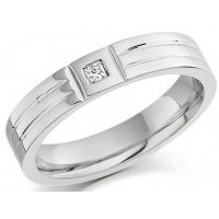 9ct White Gold Ladies 4mm Wedding Ring with 2 Parallel Grooves and Set with 4pt Princess Cut Diamond in a Square   