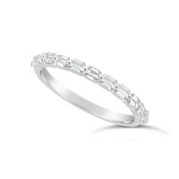 Fine Quality 18ct White Gold Unique Narrow Emerald Cut Wedding Band Set With 11 Diamonds, Total Diamond Weight 0.60ct
