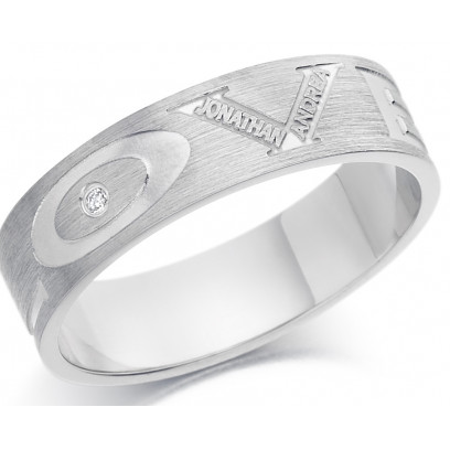 9ct White Gold Gents 6mm Ring Engraved with 'Love' and 2 Names and Set with 2pt Diamond