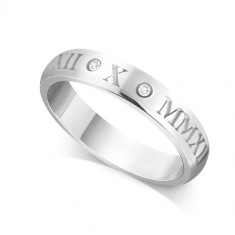 9ct White Gold Ladies 4mm Roman Numerical Court Shape Wedding Ring Set with 2 Diamonds in between the Roman Numericals with Date of your Choice
