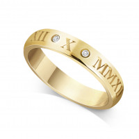 18ct Yellow Gold Ladies 4mm Roman Numerical Court Shape Wedding Ring Set with 2 Diamonds in between the Roman Numericals with Date of your Choice
