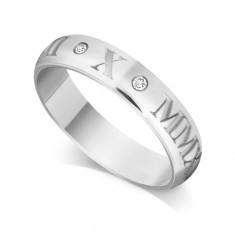 9ct White Gold Gents 5mm Roman Numerical Court Shape Wedding Ring Set with 2 Diamonds in between the Roman Numericals with Date of your Choice