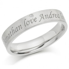 9ct White Gold Ladies 4mm Ring with 2 Engraved Names and Set with 1pt Diamond  
