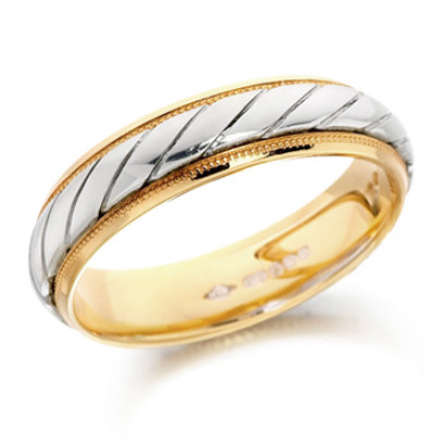 9ct Yellow and White Gold Gents 5mm Wedding Ring with Twisted Centre and Beaded Edges  