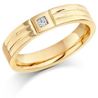 9ct Yellow Gold Ladies 4mm Wedding Ring with 2 Parallel Grooves and Set with 4pt Princess Cut Diamond in a Square   