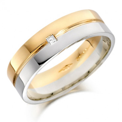 9ct Yellow and White Gold Gents 6mm Wedding Ring with Grooved Centre and Set with a Single 3pt Princess Cut Diamond  