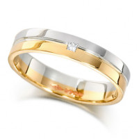9ct Yellow and White Gold Ladies 4mm Wedding Ring with Grooved Centre and Set with a Single 2pt Princess Cut Diamond  