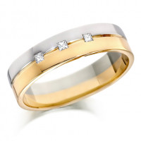 9ct Yellow and White Gold Gents 6mm Wedding Ring with Grooved Centre and Set with 3 Princess Cut Diamonds, Total Weight 10pts  