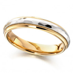 9ct Yellow and White Gold Ladies 4mm Wedding Ring with Patterned and Beaded Centre  