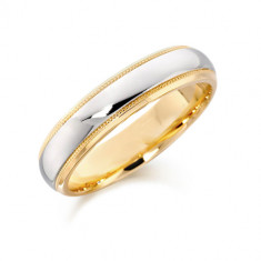 9ct Yellow and White Gold Gents 5mm Wedding Ring with Plain Centre and Beaded Edges  