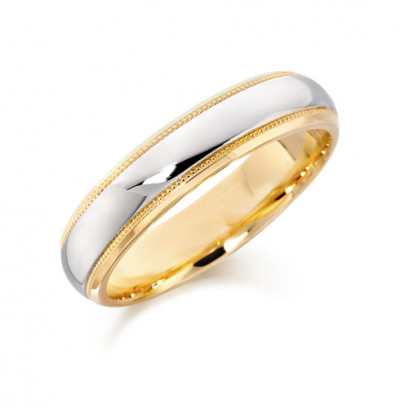 9ct Yellow and White Gold Gents 5mm Wedding Ring with Plain Centre and Beaded Edges  