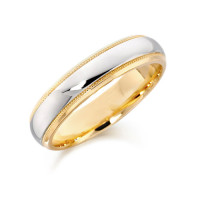18ct Yellow and White Gold Gents 5mm Wedding Ring with Plain Centre and Beaded Edges  