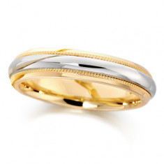 9ct Yellow and White Gold Ladies 4mm Wedding Ring with Plain Centre and Beaded Edges  