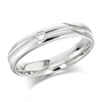 9ct White Gold Ladies 4mm Wedding Ring with Grooved and Beaded Centre and  Set with Single 5pt Diamond  