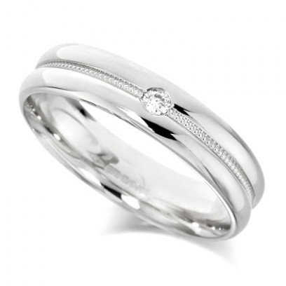 9ct White Gold Gents 5mm Wedding Ring with Grooved and Beaded Centre and Set with Single 5pt Diamond   