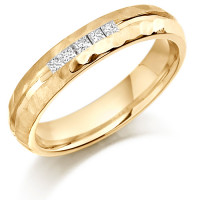 9ct Yellow Gold Ladies 4mm Wedding Ring with 12pts of Channel Set Princess Cut Diamonds with Stipple Edge Pattern  