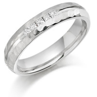 9ct White Gold Ladies 4mm Wedding Ring with 12pts of Channel Set Princess Cut Diamonds with Stipple Edge Pattern  