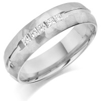 9ct White Gold Gents 6mm Wedding Ring with 0.26ct of Channel Set Princess Cut Diamonds with Stipple Edge Pattern  