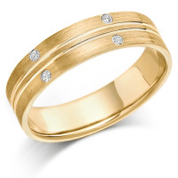 9ct Yellow Gold Ladies 4mm Wedding Ring with 2 Parallel Grooves and Set with 3pts of Diamonds  