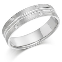 9ct White Gold Ladies 4mm Wedding Ring with 2 Parallel Grooves and Set with 3pts of Diamonds  