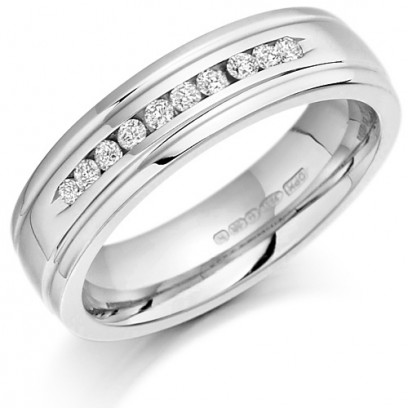 9ct White Gold Ladies 5mm Wedding Ring with 10 Channel Set Diamonds and Grooved Edges Set with 15pts of Diamonds  