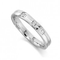 9ct White Gold Ladies 3mm Wedding Ring with Centre Groove and Set with 3 Princess Cut Diamonds, Total Weight 7pts  