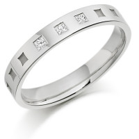 9ct White Gold Ladies 3mm Wedding Ring with Frosted Squares all Around and Set with 6pts of Princess Cut Diamonds  
