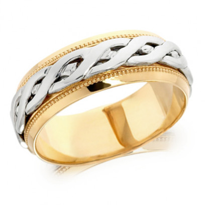 9ct Yellow and White Gold Gents 8mm Ring with Plaited Centre and Beaded Edges  