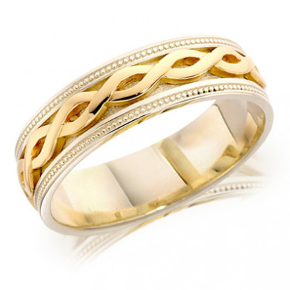 9ct Yellow and White Gold Gents 6mm Ring with Twisted Centre and Beaded Edges  