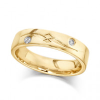 18ct Yellow Gold Ladies 4mm Wedding Ring with Frosted S-Shape Pattern and Set with 2 Diamonds, Total Weight 3pts  
