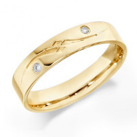 9ct Yellow Gold Gents 5mm Wedding Ring with Frosted S-Shape Pattern and Set with 2 Diamonds, Total Weight 4pts  