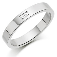 18ct White Gold Ladies 3mm Wedding Ring with Single Baguette Diamond Weighing 3pts  