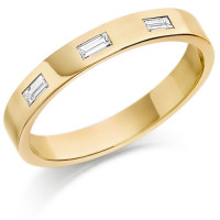 9ct Yellow Gold Wedding Rings Ladies 3mm Ring with 3 Baguette Diamonds, Weighing a Total of 15pts. Yellow Gold Wedding Rings.  
