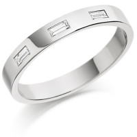 9ct White Gold Ladies 3mm Wedding Ring with 3 Baguette Diamonds, Weighing a Total of 15pts  