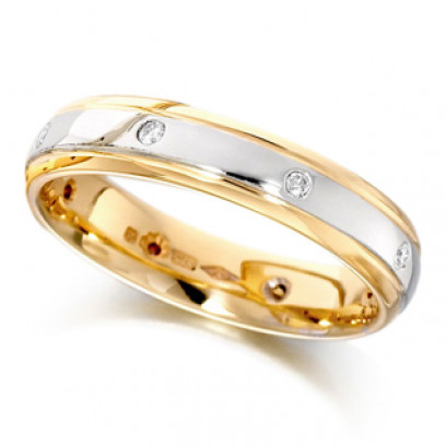 9ct Yellow and White Gold Ladies 4mm Wedding Ring with Diamonds Set Evenly Spaced All Around, Total Weight 8pts  