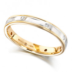 9ct Yellow and White Gold Ladies 4mm Wedding Ring with Alternate Diamond and Flat Cuts All Around, Total Diamond Weight 6pts  