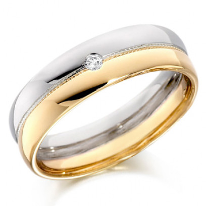 18ct Yellow and White Gold Gents 6mm Wedding Ring with Beaded Centre and Set with Single 4pt Round Diamond  