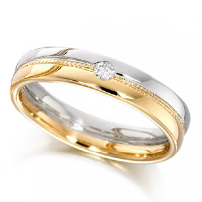 9ct Yellow and White Gold Ladies 4mm Wedding Ring with Beaded Centre and Set with a Single 4pt Round Diamond  