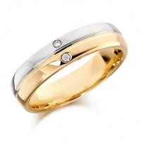 9ct Yellow and White Gold Gents 6mm Wedding Ring with Grooved Centre and Set with 2 Diamonds, Total Weight 3pts  