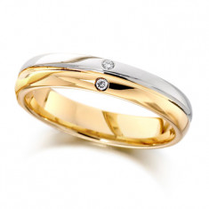 9ct Yellow and White Gold Ladies 4mm Wedding Ring with Grooved Centre and Set with 2 Diamonds, Total Weight 2pts  