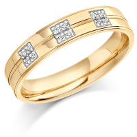 9ct Yellow Gold Ladies 4mm Wedding Ring with Centre Groove and  Set with 6pts of Diamonds in 3 Square Boxes  